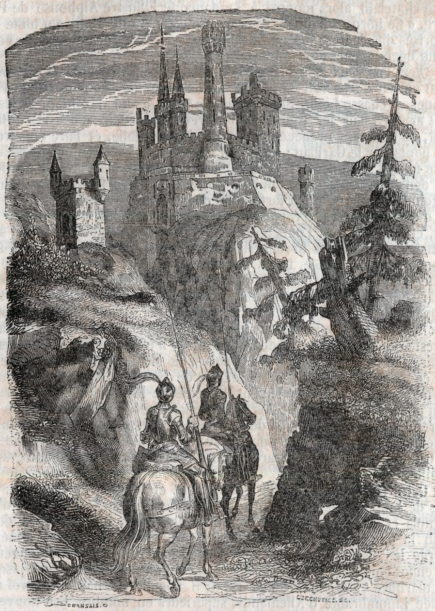 Roger (Ruggero, Ruggiero) ja Richardet näkevät Aigremontin linnan - kaiverrus vuodelta 1851 Ludovico Arioston kirjasta "" Roland furieux"" (1500-luku), joka tunnetaan nimellä Ariosta - Painos, jonka italiasta on kääntänyt kreivi Tressan ja publ tekijältä Unknown artist