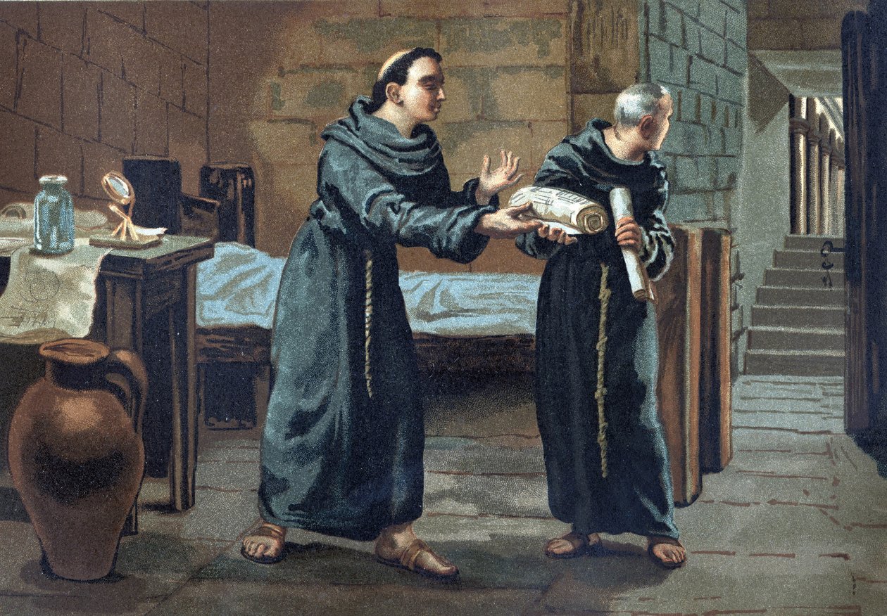 Roger Bacon, fransiskaanimunkki, teologi, filosofi ja englantilainen tutkija (1214-1294) lähetti paaville kirjan "Opus Majus" (1267-1268) Louis Figuierin teoksessa "Tiede ja sen miehet". Barcelona 1881 tekijältä Unknown artist