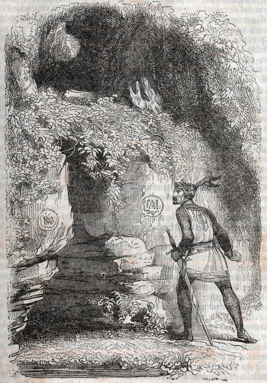 Medorin (Medoro) ja Angeliquen (Angelica) hahmot - kaiverrus vuodelta 1851 Ludovico Ariostosta "" Furious Roland"" (1500-luku), joka tunnetaan nimellä Ariosta - Painos Tressan ja julkaistu tekijältä Unknown artist
