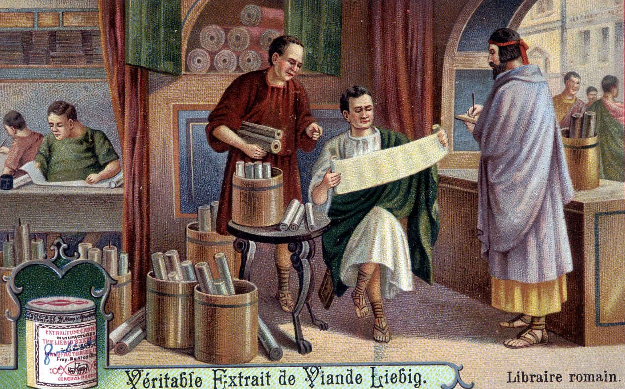 roomalainen kirjakauppias. Kromolitografia, Liebig-kuva. tekijältä Unknown artist