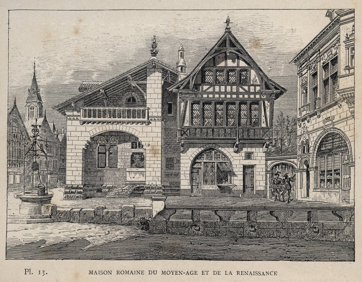 Keskiajan ja renessanssin roomalainen talo - kaiverrus vuodelta 1889 Charles GARNIERin julkaisussa "Ihmisasumisen historia vuoden 1889 yleisnäyttelyssä - Librairie centrale des beaux-arts Paris 1889" tekijältä Unknown artist