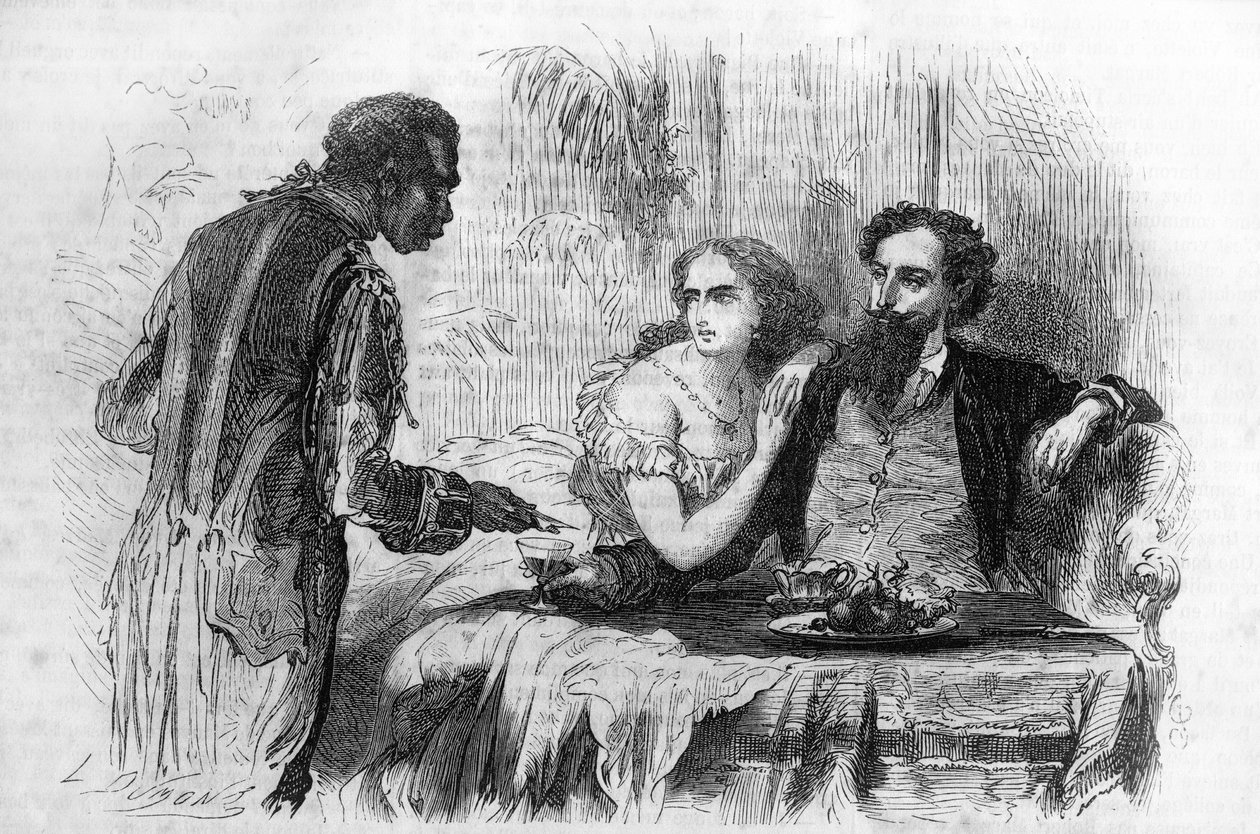 Roomalainen sarja: "Pariisin puritaanit", kirjoittanut Paul Bocage (1824-1887). "Negre toi Robertille käyntikortin." Kaiverrus "" Les bons romances"" tekijältä Unknown artist