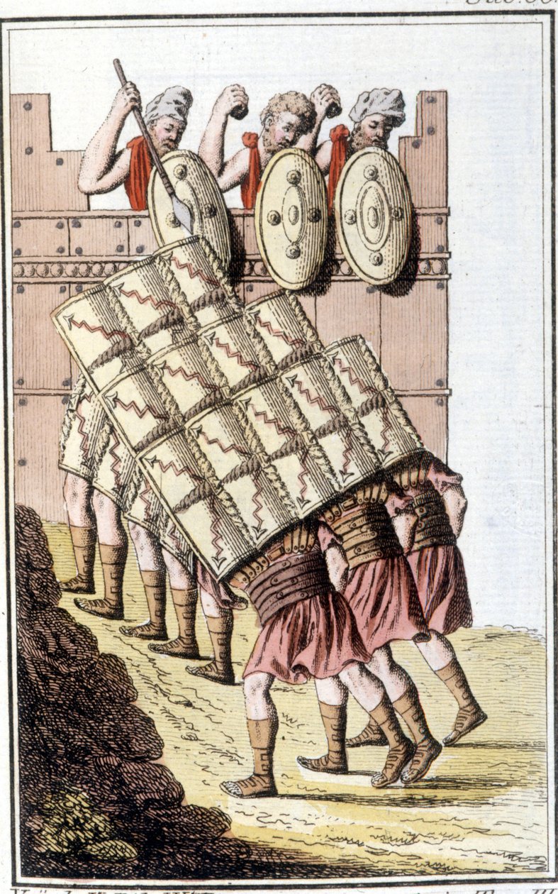 Roomalaiset sotilaat (roomalainen legioona) ohjaamassa ja puolustamassa itseään kilpeillään. Kaiverrus 1800-luvun alusta tekijältä Unknown artist