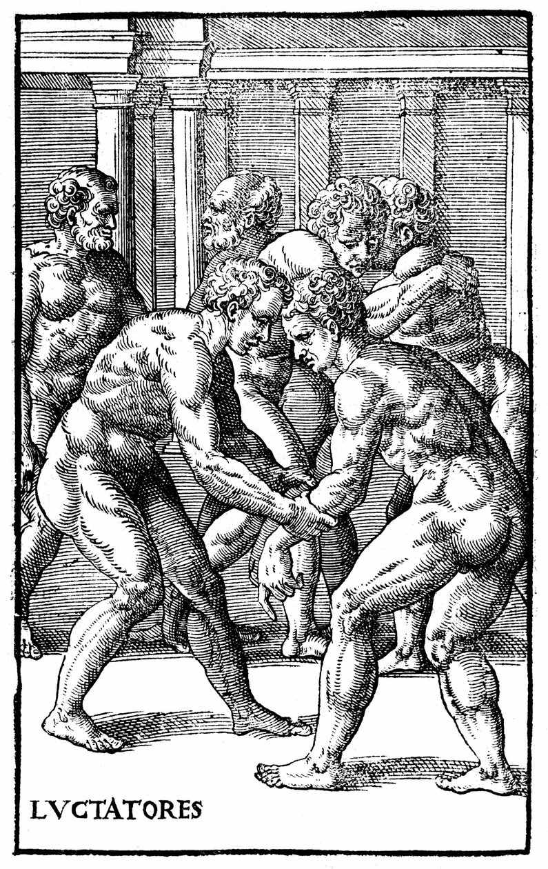 Roomalaiset painijat - elokuvassa "Hieronymi Mercurialis de Arte Gymnastica", Venetsian painos tekijältä Unknown artist