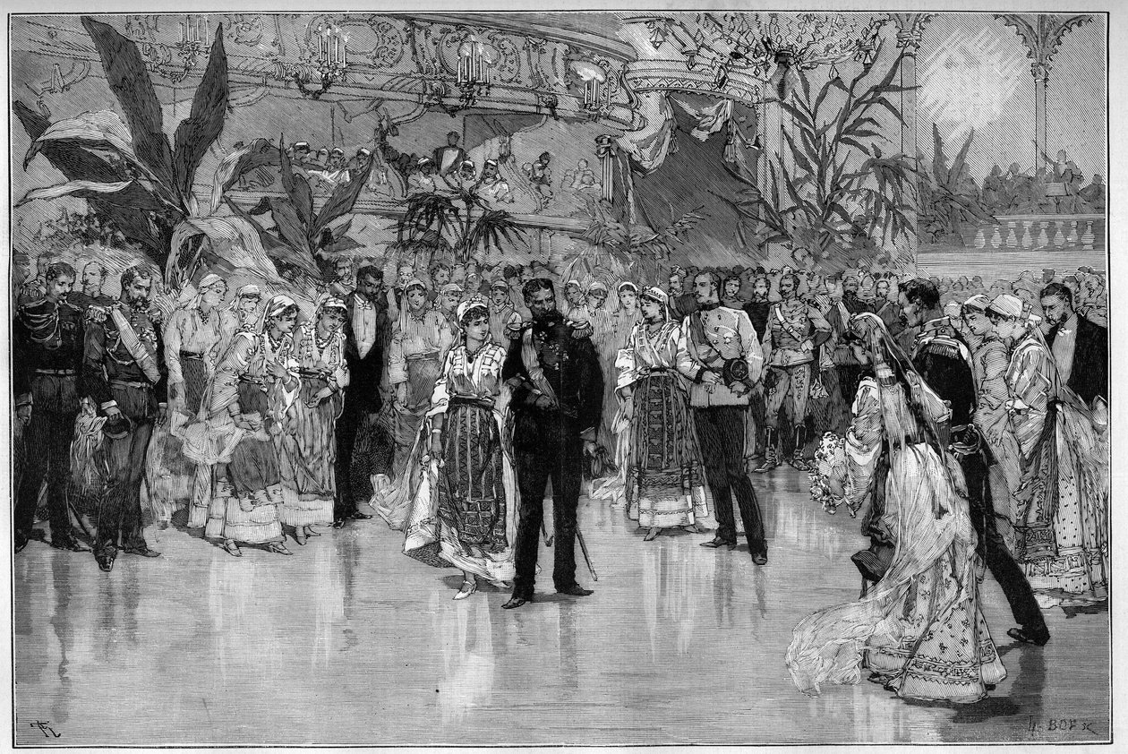 Romania: Prinssi Rodolphin (1858-1889) ja Itävallan Unkarin prinsessa Stephanien (1864-1945) kunniaksi annetut juhlat Bukarestin kansallisteatterissa. Kaiverrus "" Le Monde Illustré" -kirjassa tekijältä Unknown artist