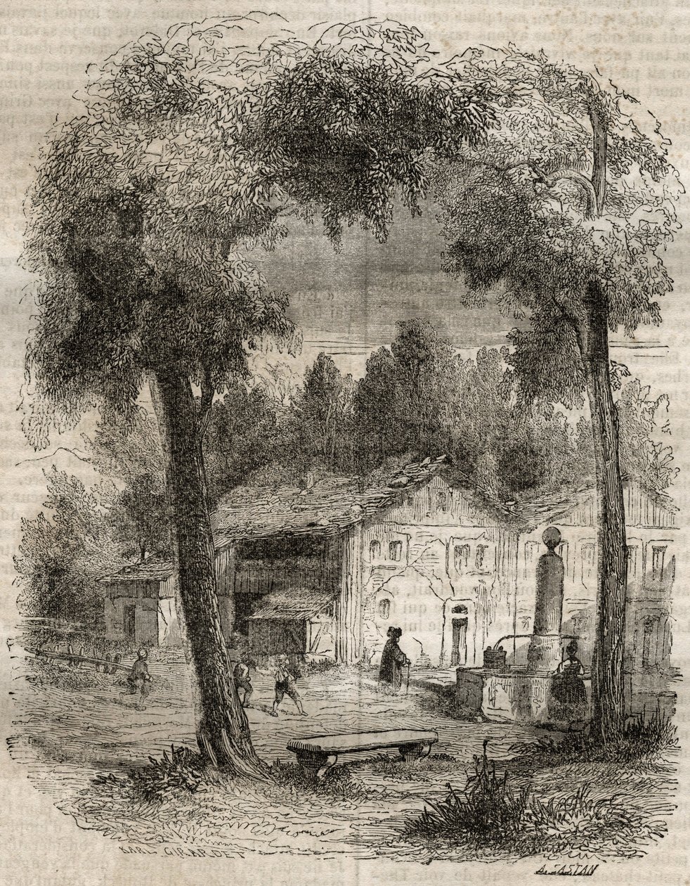 Rousseau a Motiers (Neuchatelin kantoni) - Kuvitus Jean-Jacques (Jean Jacques) Rousseaun (1712-1778) ""tunnustuksille" - kaiverrus vuodelta 1849 tekijältä Unknown artist