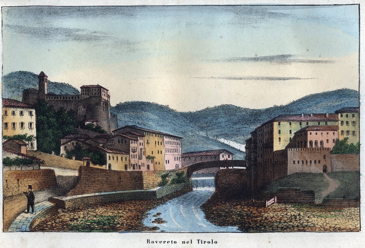 Rovereton kaupunki Trentinossa Pohjois-Italiassa - 1800-luku - kaiverrus kirjasta "Kaikkeuden kaikkien kansojen tapoja ja perinteitä". Se on kaikkien kansojen hallituksen, lakien, miliisin, uskonnon historiaa kaukaisimmista ajoista n päiviin asti. tekijältä Unknown artist