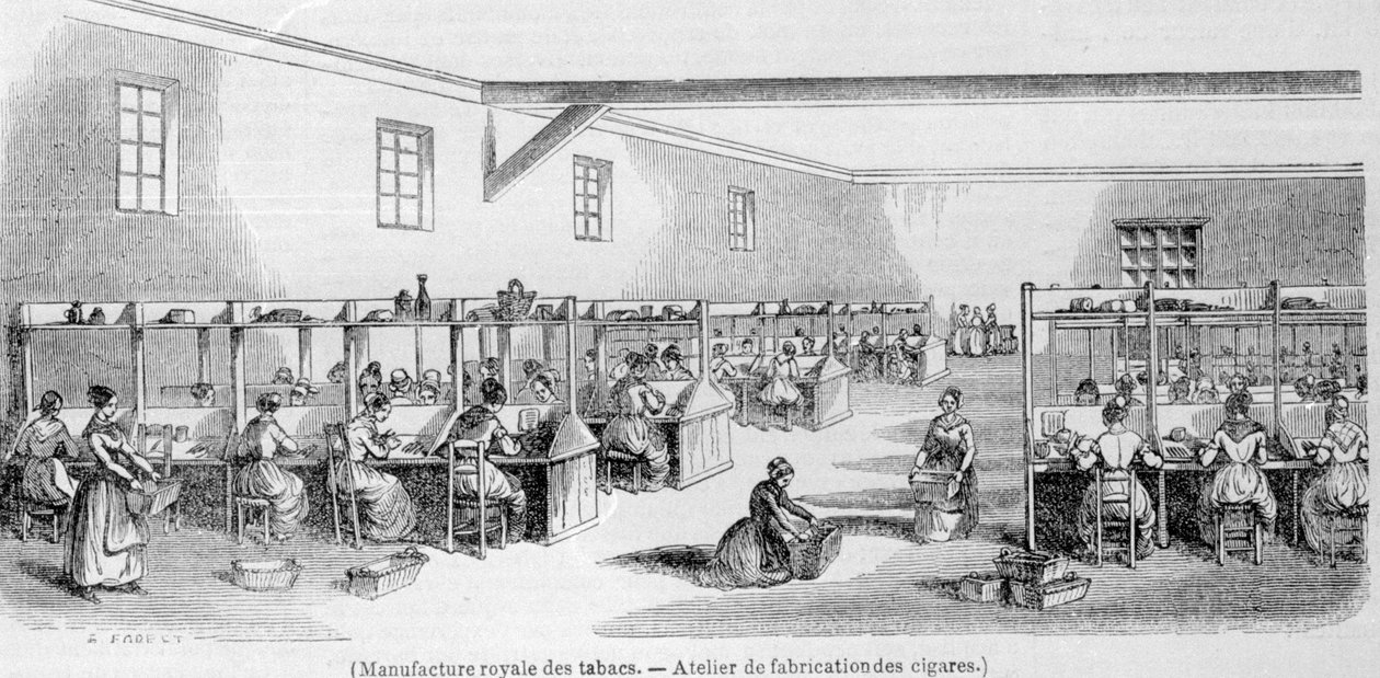 Royal Tobacco Manufacture: sikarivalmistuspaja. 1800-luvun kaiverrus. tekijältä Unknown artist