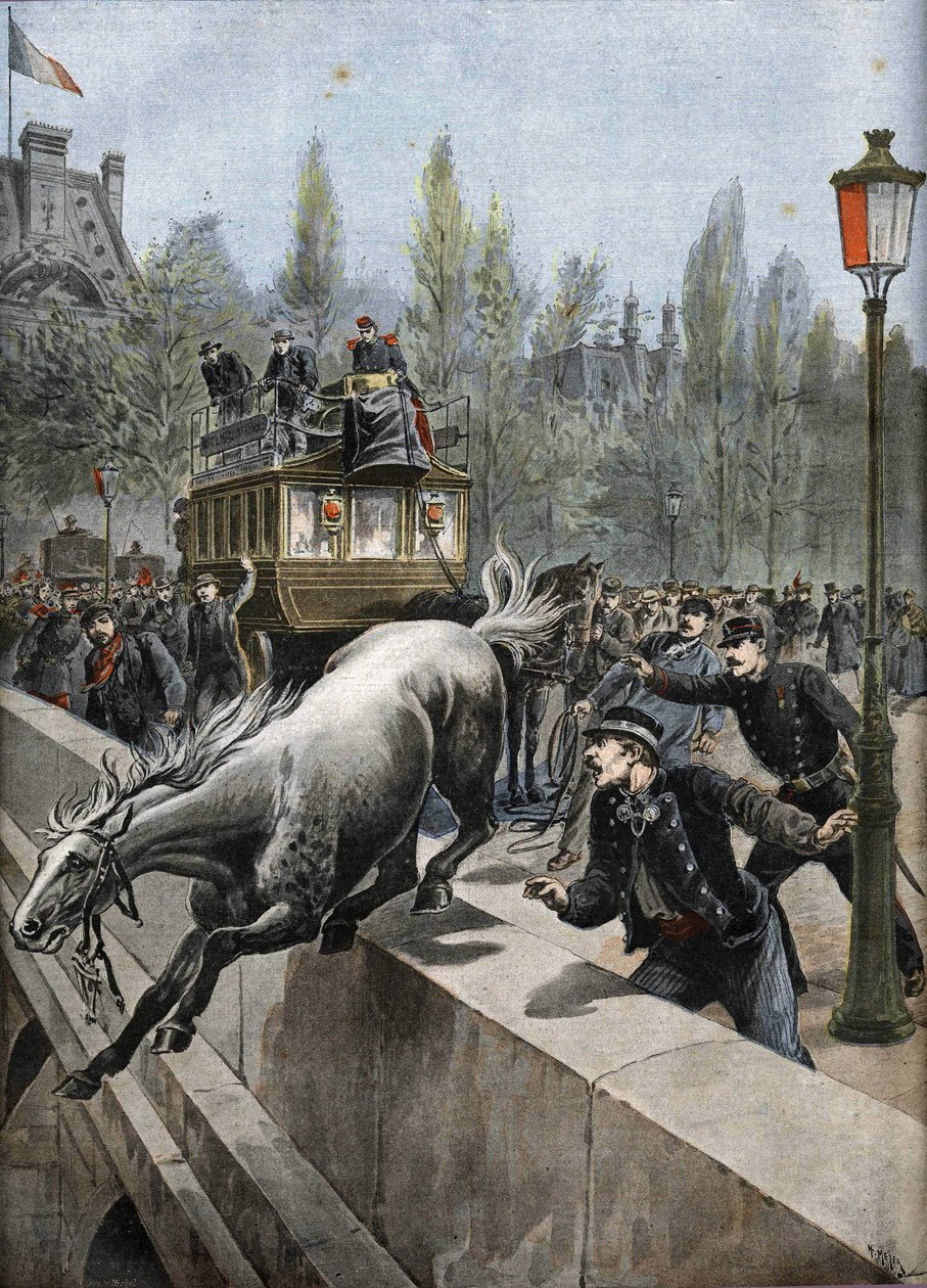 Kuninkaallinen silta Pariisissa vuonna 1898: hevonen teki itsemurhan (tuloste). tekijältä Unknown Artist