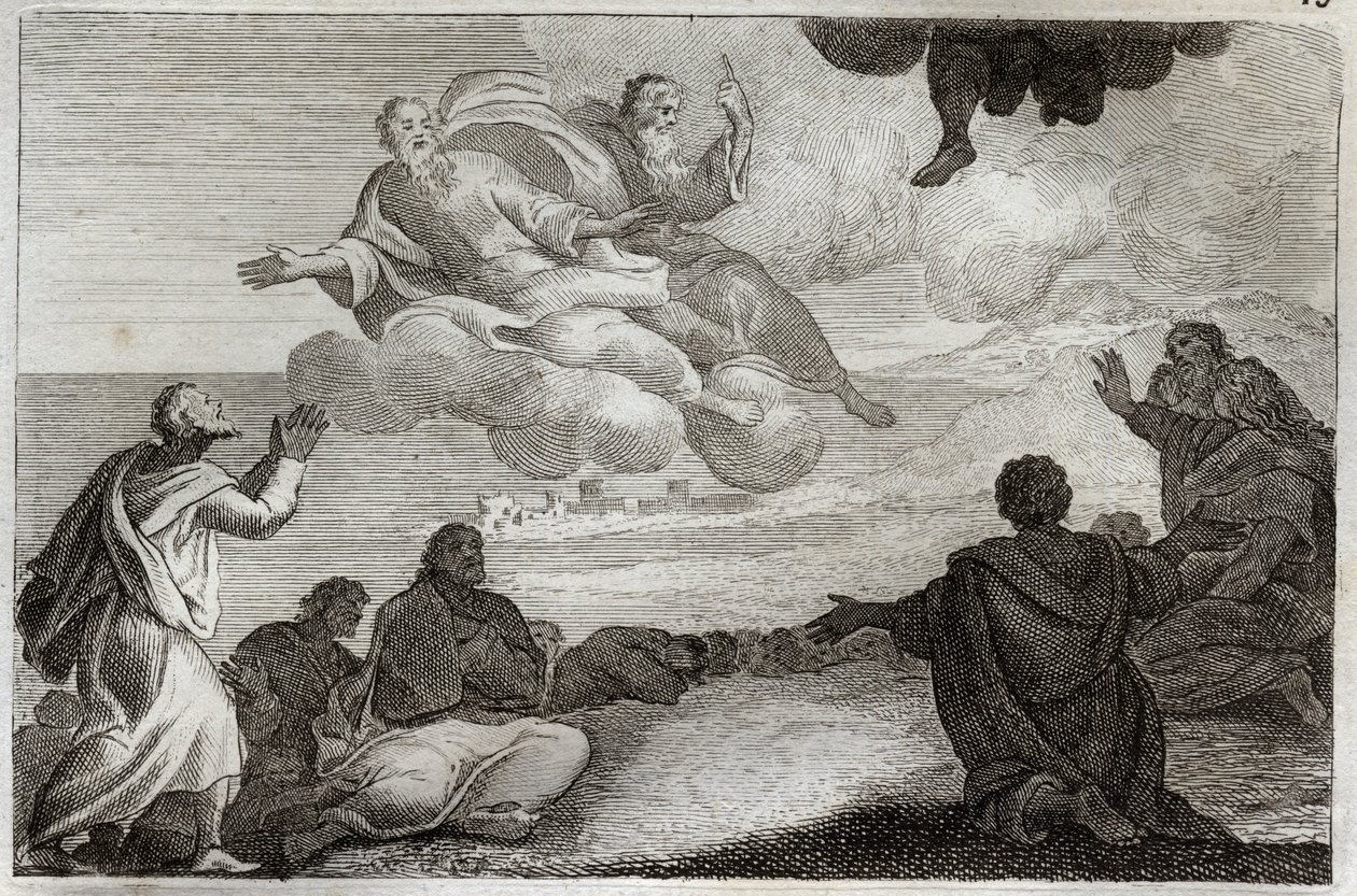 Royaumont Raamattu, Uusi testamentti: Jeesuksen Kristuksen taivaaseenastuminen. Kristus otetaan taivaasta ja siunataan Apotereita ennen kuin hän katoaa pilveen. Kuvitus vuodelta 1811. tekijältä Unknown artist