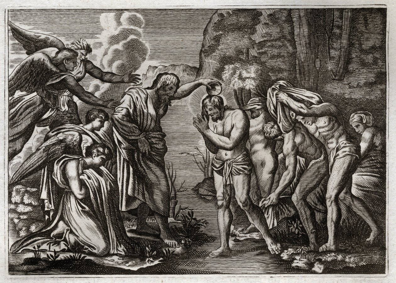 Royaumont Raamattu, Uusi testamentti: Jeesuksen Kristuksen kaste. Pyhä Johannes Kastaja kastaa Jeesusta Jordan-joen vesissä. Kuvitus vuodelta 1811. tekijältä Unknown artist