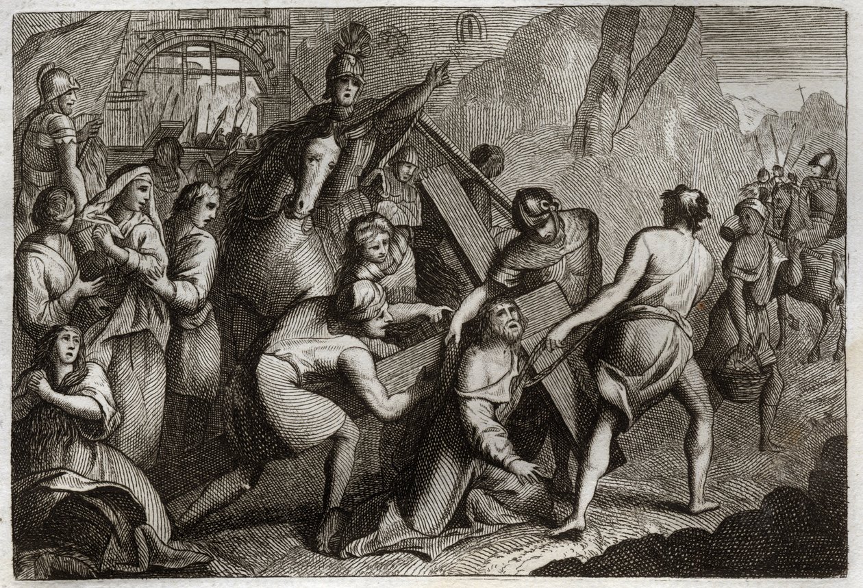 Royaumont Bible, Uusi testamentti: Ristin kantaminen (Ristin tie). Jeesus Kristus kantaa ristinsä Golgatalle Simon Kyrenelaisen (Kyreeneläisen) avulla. Kuvitus vuodelta 1811. tekijältä Unknown artist