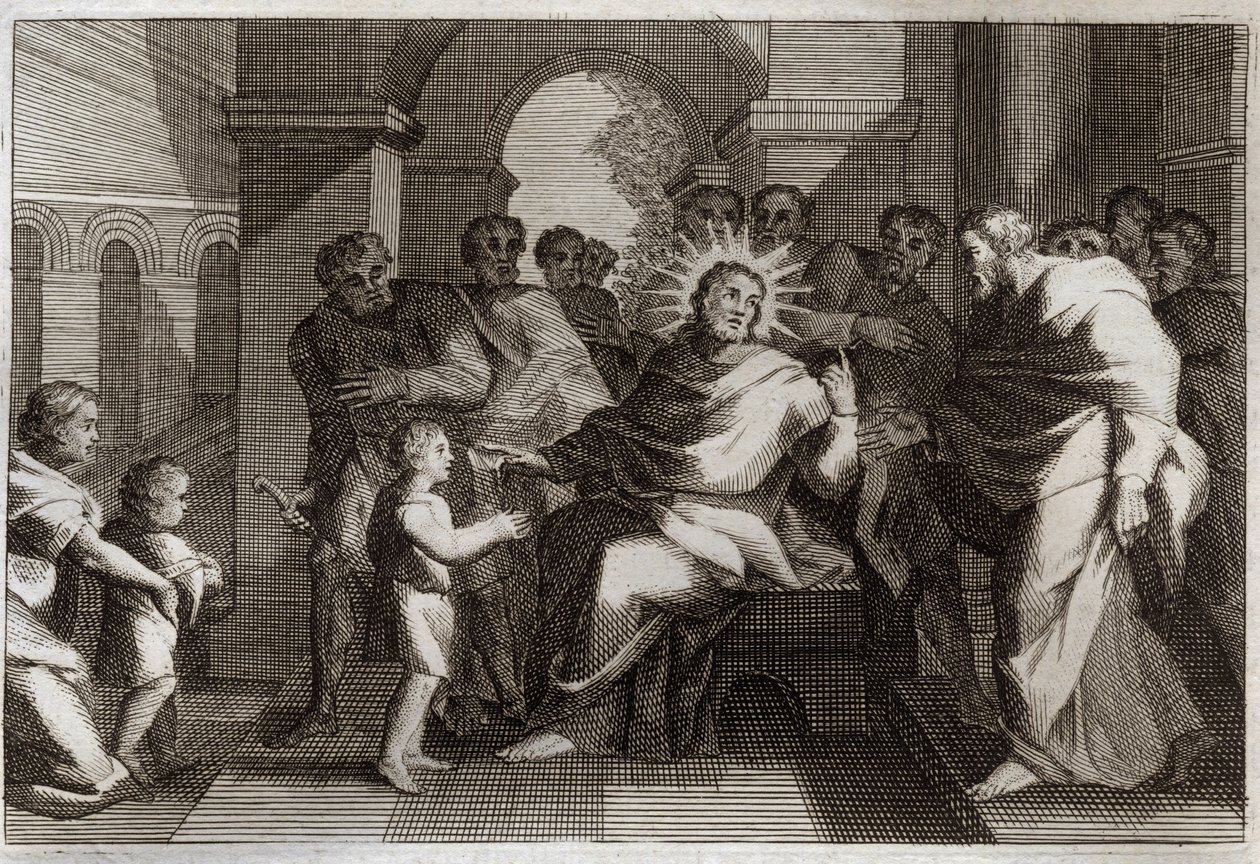 Royaumont Bible, Uusi testamentti: Lapsellinen nöyryyden malli. Jeesus Kristus ehdottaa opetuslapsilleen lasta nöyrän kristityn esikuvaksi. Kuvitus vuodelta 1811. tekijältä Unknown artist