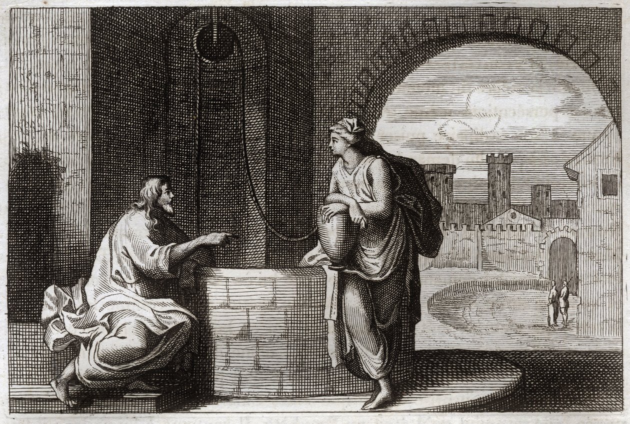Royaumont Raamattu, Uusi testamentti: Kristus ja samarialainen kaivolla. Jeesus Kristus käännyttää samarialaisen naisen. Kuvitus vuodelta 1811. tekijältä Unknown artist