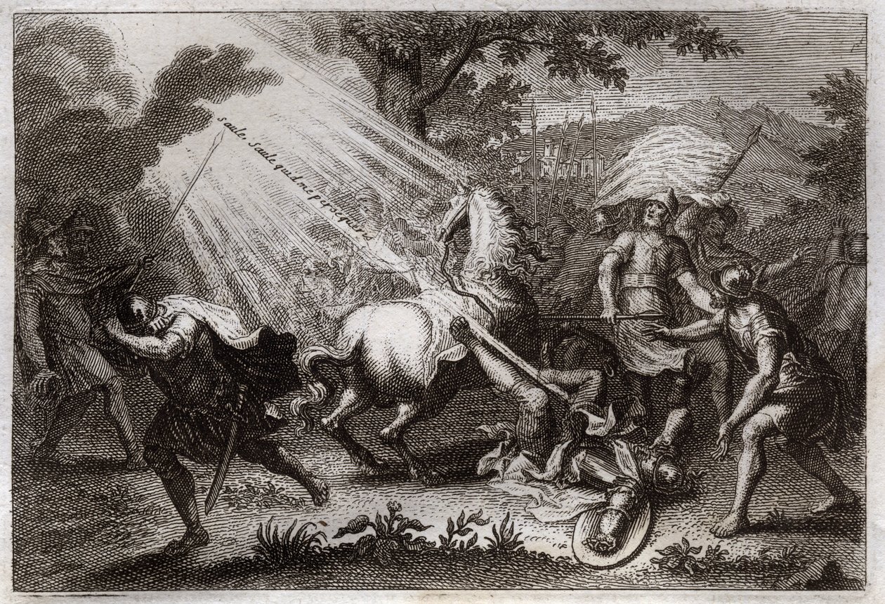Royaumont Bible, Uusi testamentti: Pyhän Paavalin kääntymys matkalla Damaskokseen. Hän kuulee Jeesuksen Kristuksen äänen, joka sanoo hänelle "" Willow, Willow, joka vainoat minua"" (Saul, Saul, miksi vainoat minua?) ja hevonen kaatuu. Kuvitus vuodelta 1811 tekijältä Unknown artist