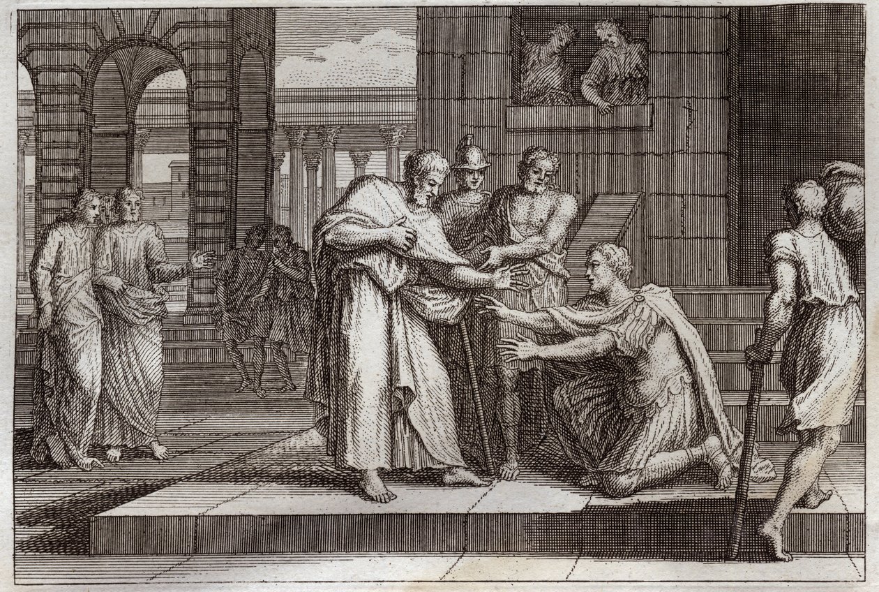 Royaumont Bible, Uusi testamentti: Cornelius kastaa. Crow sadanpäällikkö saa uskon Jeesukseen Kristukseen, ja Pyhä Pietari kastaa hänet. Kuvitus vuodelta 1811. tekijältä Unknown artist