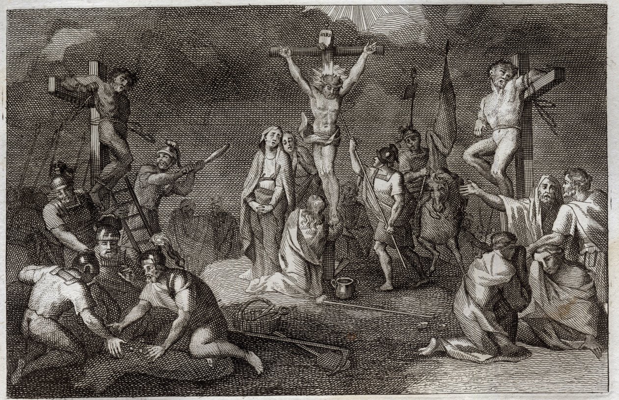 Royaumont Raamattu, Uusi testamentti: Jeesuksen Kristuksen ristiinnaulitseminen. Neitsyt Maria, Pyhä Maria Magdaleena ja Pyhä Johannes ristin juurella, pyhä Longin sadanpäämies (Saint Longinus) keihään kanssa, sotilaat soittavat Kristuksen tunikkaa. Sivuil tekijältä Unknown artist