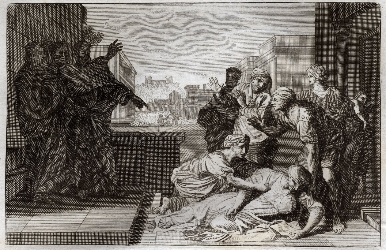 Royaumont Raamattu, Uusi testamentti: Ananian ja hänen vaimonsa Saphiren kuolema ennen Pyhää Pietaria ja Pyhää Johannesta. Kuvitus vuodelta 1811. tekijältä Unknown artist