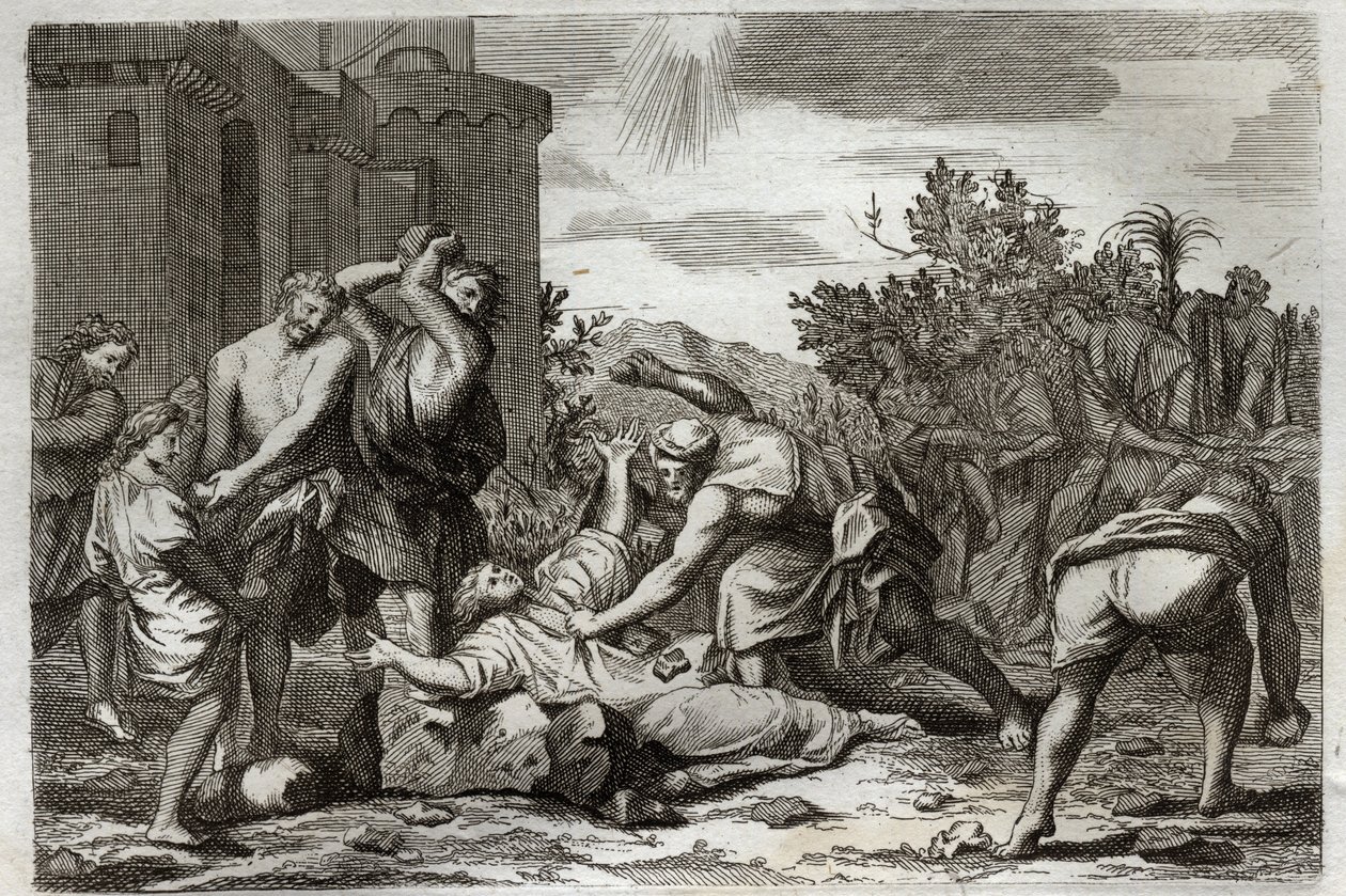 Royaumont Bible, Uusi testamentti: Pyhän Stefanuksen, ensimmäisen kristityn marttyyri, kuolema kivittämällä. Kuvitus vuodelta 1811. tekijältä Unknown artist