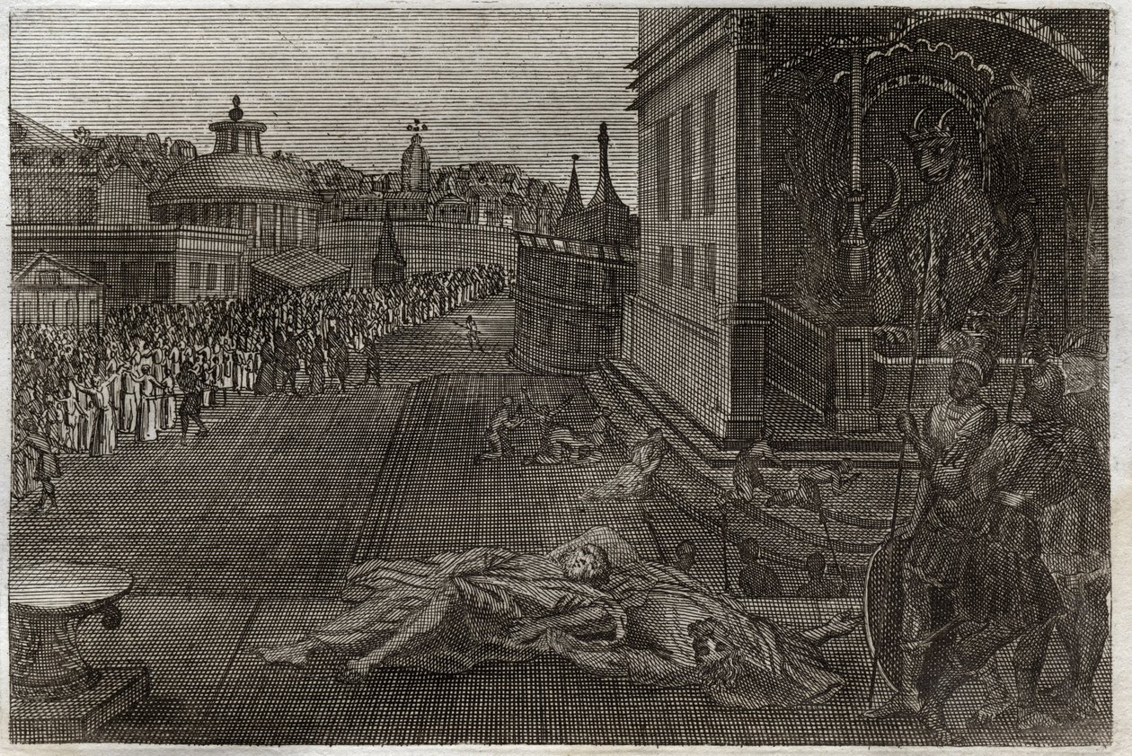 Royaumont Bible, Uusi testamentti: Kahden profeetan kuolema. Pyhän Johanneksen näky kahdesta kuolleesta profeetasta, jotka sitten nousivat kuolleista. Ilmestyskirjan seitsemäs trumpetti. Kuvitus vuodelta 1811. tekijältä Unknown artist
