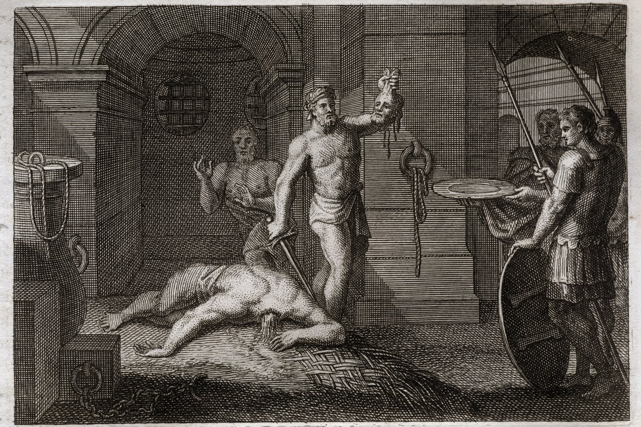Royaumont Bible, Uusi testamentti: Pyhän Johannes Kastajan dekolaatio. Yksi laittaa päänsä tasangolle. Kuvitus vuodelta 1811. tekijältä Unknown artist
