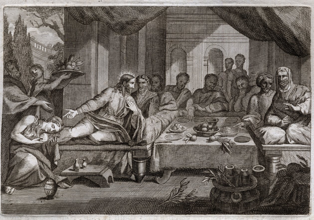 Royaumont Bible, Uusi testamentti: Illallinen Simon fariseuksen luona. Maria Magdaleena meni itkemään Jeesuksen Kristuksen jalkojen juureen Simon fariseuksen luo ja sai syntinsä anteeksi. Hän voitelee Kristuksen jalat voideella ja pyyhkii ne hiuksillaan. I tekijältä Unknown artist