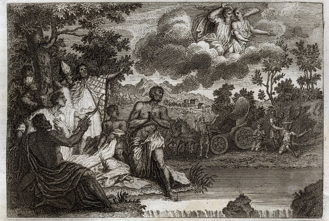 Royaumont Bible, Uusi testamentti: Eunukki kastaa. Pyhä Philip Deacon ilmoittaa uskostaan Etiopian kuningattaren eunukille ja kastaa hänet. Kuvitus vuodelta 1811. tekijältä Unknown artist