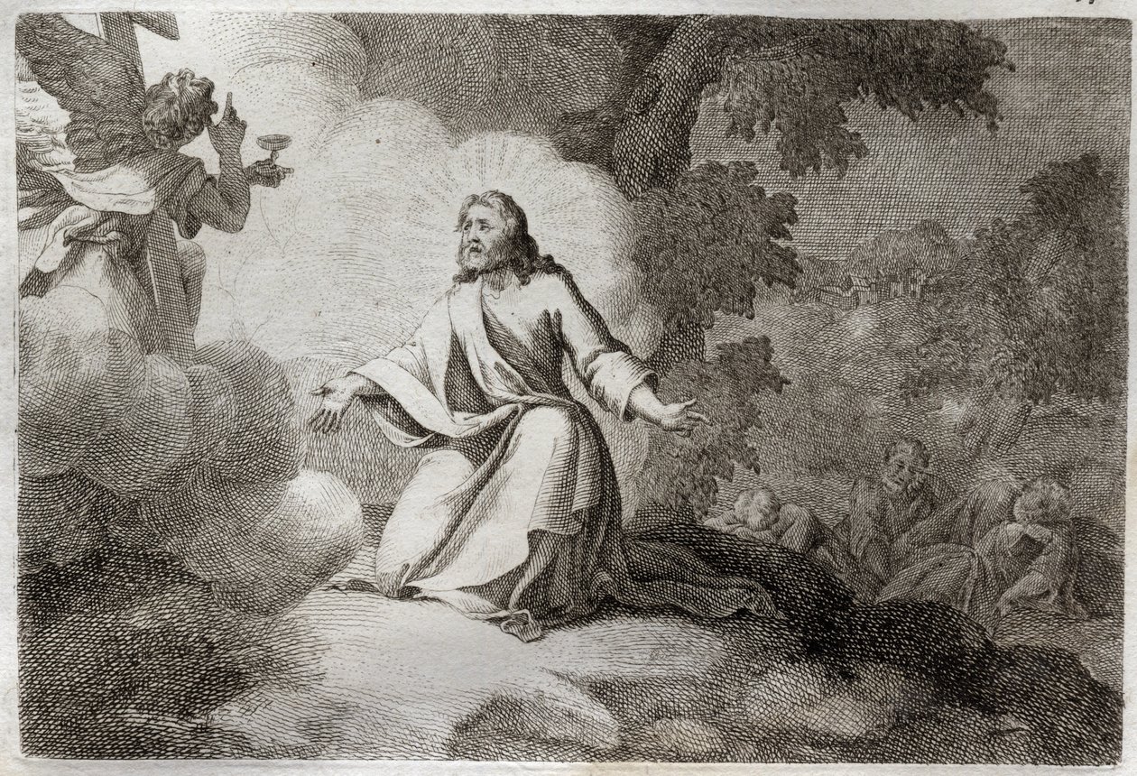 Royaumont Bible, Uusi testamentti: Jeesus Kristus puutarhassa (rukous Öljymäellä). Enkeli, jolla on malja, ilmestyy Jeesukselle. Pyhän Pietarin, Pyhän Johanneksen ja Pyhän Jaakobin apotterit nukkuvat. Kuvitus vuodelta 1811. tekijältä Unknown artist