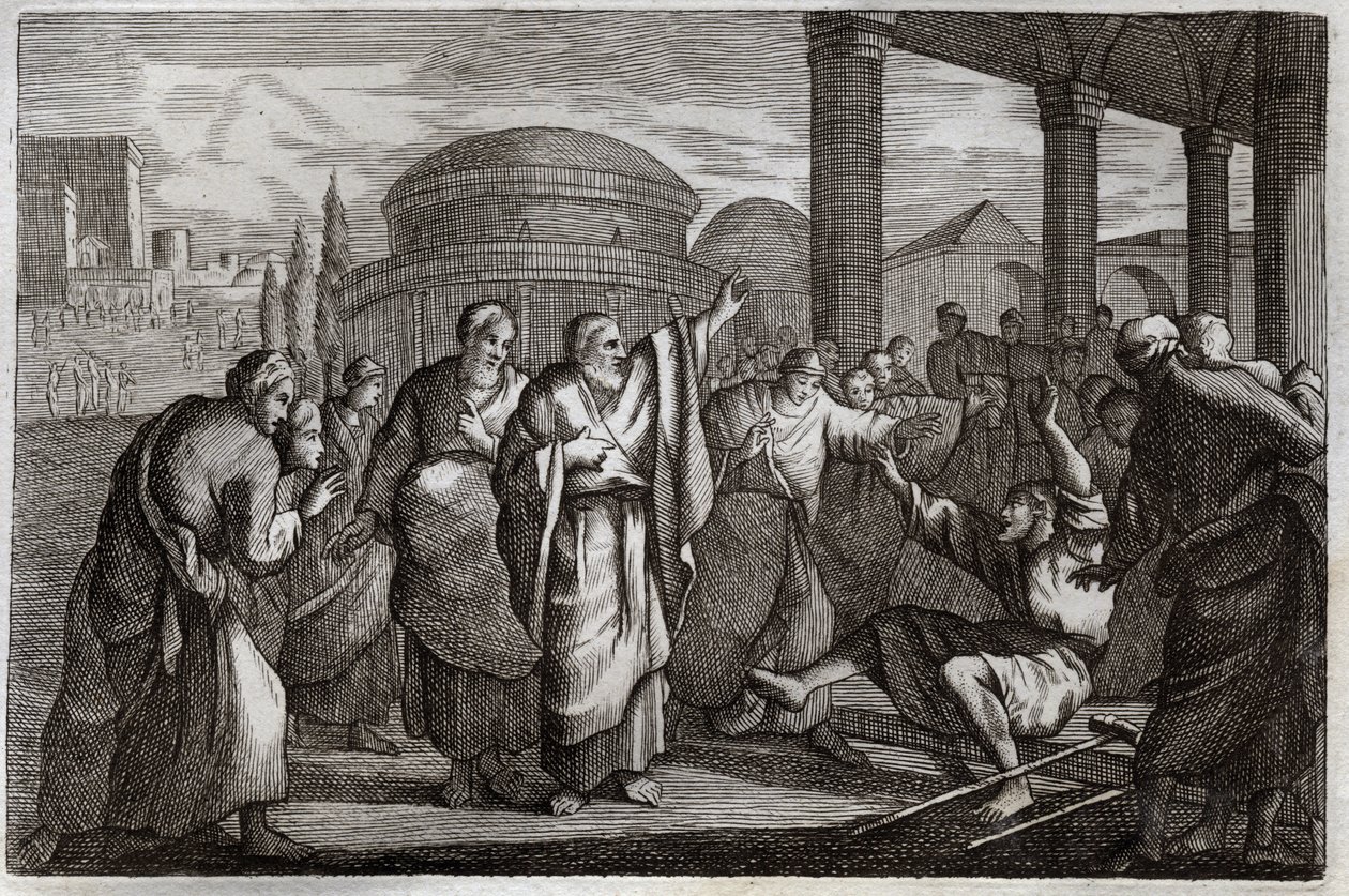 Royaumont Bible, Uusi testamentti: Lame gueri. Pyhä Paavali soturi ontuvan ja pidättää kansan, joka halusi uhrata hänelle kuin jumalalle. Kuvitus vuodelta 1811. tekijältä Unknown artist
