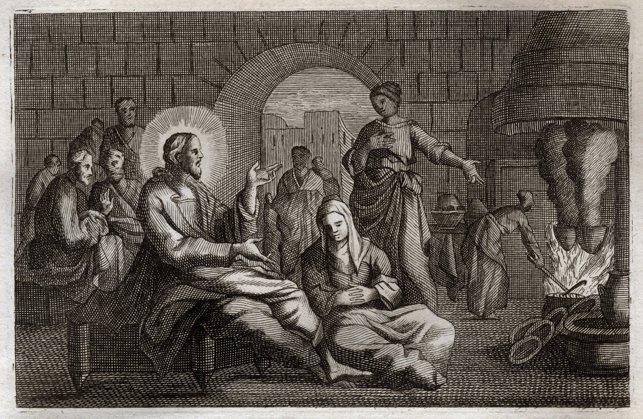 Royaumont Raamattu, Uusi testamentti: Martha ja Maria. Jeesus Kristus astuu Martan taloon, joka kiirehtii ottamaan hänet vastaan, kun hänen sisarensa Maria Betanialainen kuulee hänen sanansa. Kuvitus vuodelta 1811. tekijältä Unknown artist