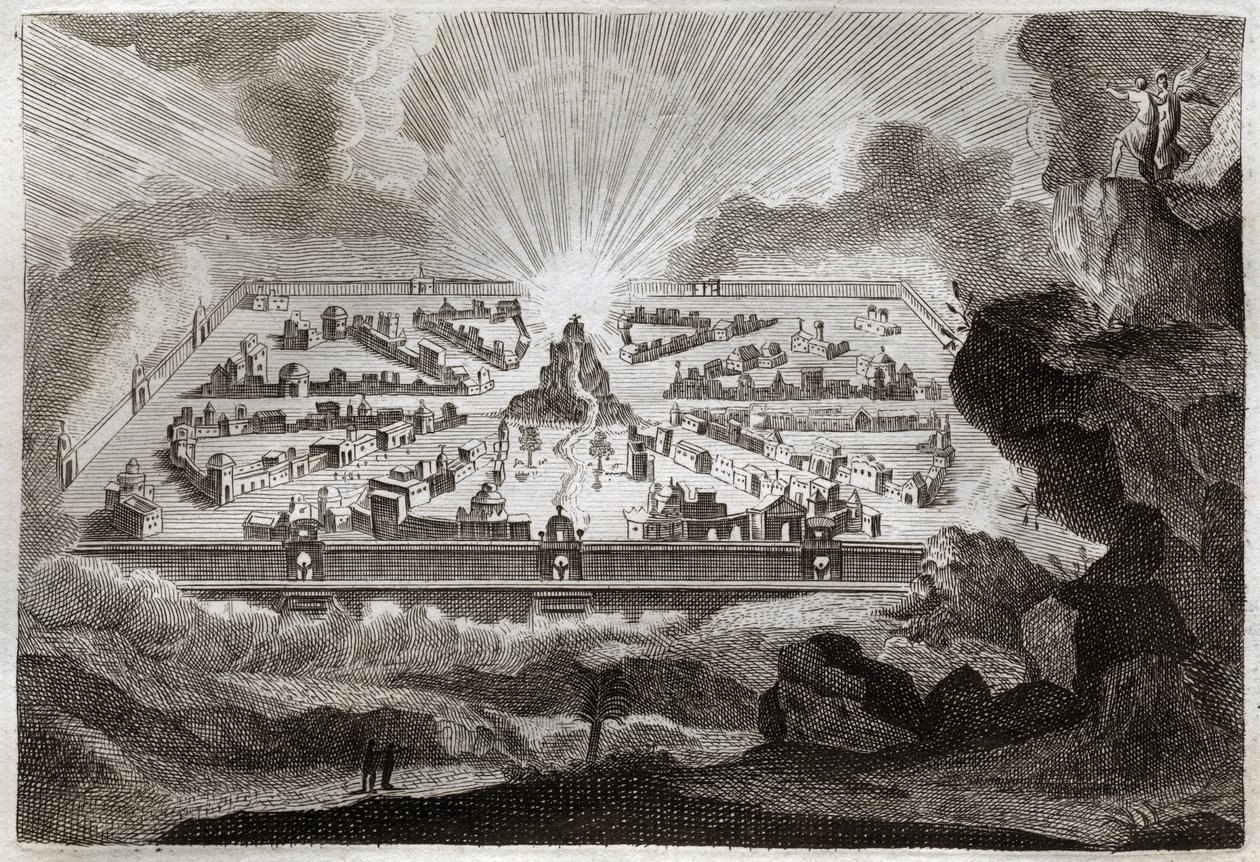 Royaumont Raamattu, Uusi Testamentti: Uusi Jerusalem. Enkeli näyttää Pyhän Johannes Uuden Jerusalemin. Kuvitus vuodelta 1811. tekijältä Unknown artist