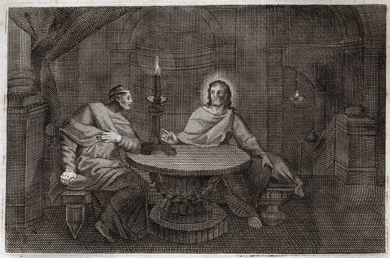 Royaumont Bible, Uusi testamentti: Nikodema tulee etsimään Jeesusta Kristusta yöllä. Kuvitus vuodelta 1811. tekijältä Unknown artist