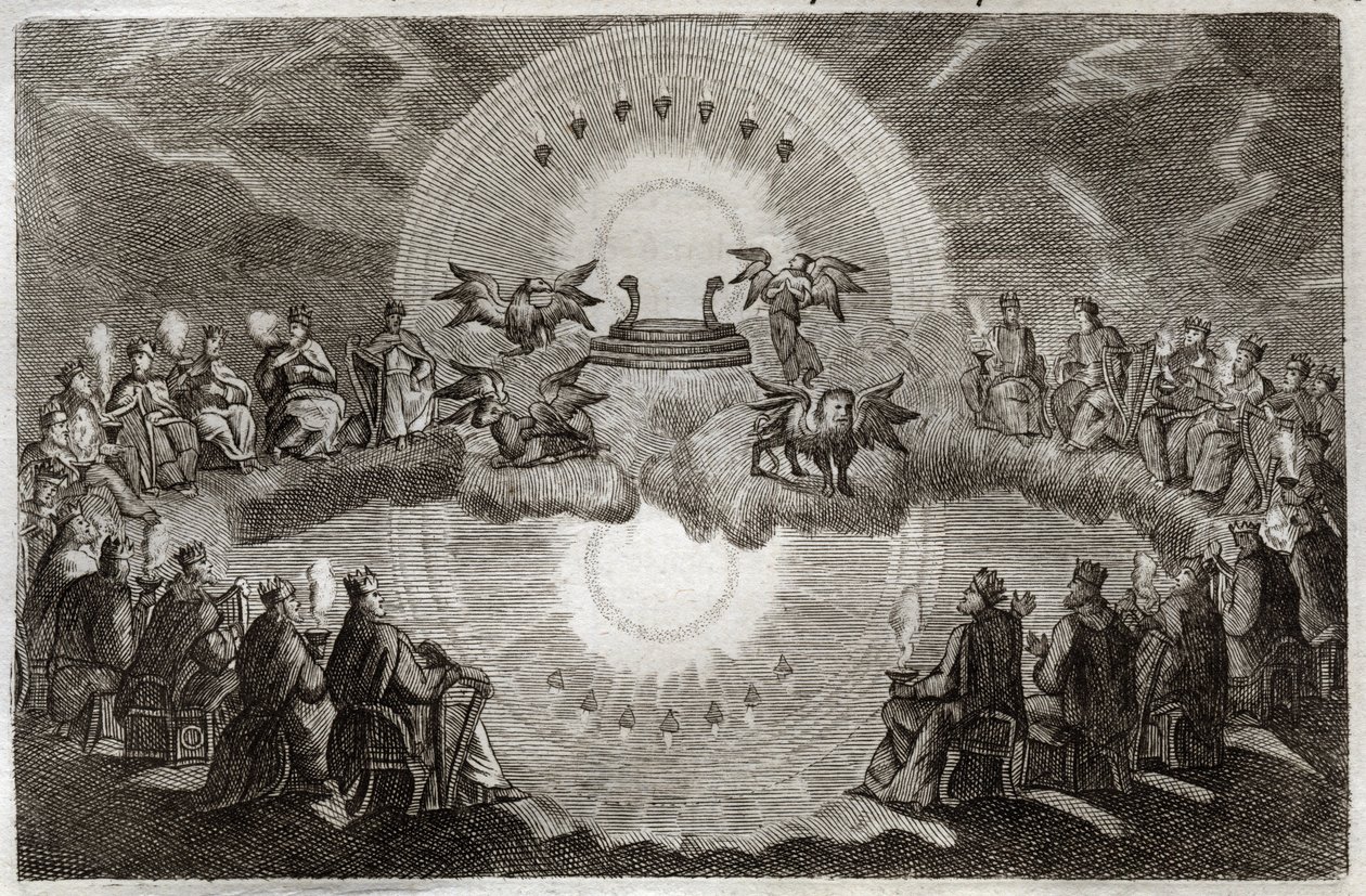 Royaumont Bible, Uusi testamentti: Avoin taivas. Trooni ilmestyy leijonan, härän, miehen ja kotkan (tetramorfin) ja seitsemän lampun ympäröimänä. Tätä näkemystä ympäröi 24 vanhaa ihmistä, jotka istuvat troonilla. Kuvitus vuodelta 1811. tekijältä Unknown artist