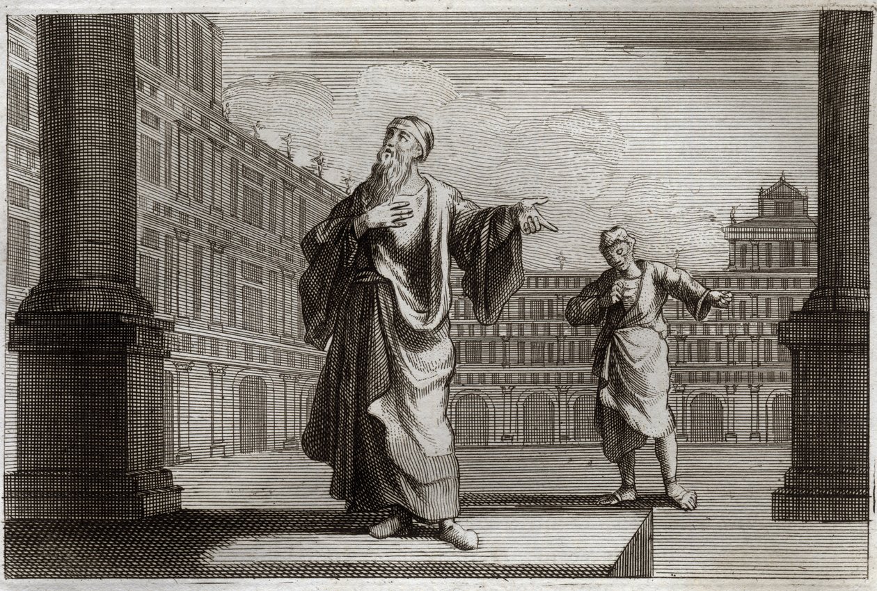 Royaumont Raamattu, Uusi testamentti: Vertaus fariseuksesta ja publikaanista, jotka menivät rukoilemaan temppeliin. Kuvitus vuodelta 1811. tekijältä Unknown artist