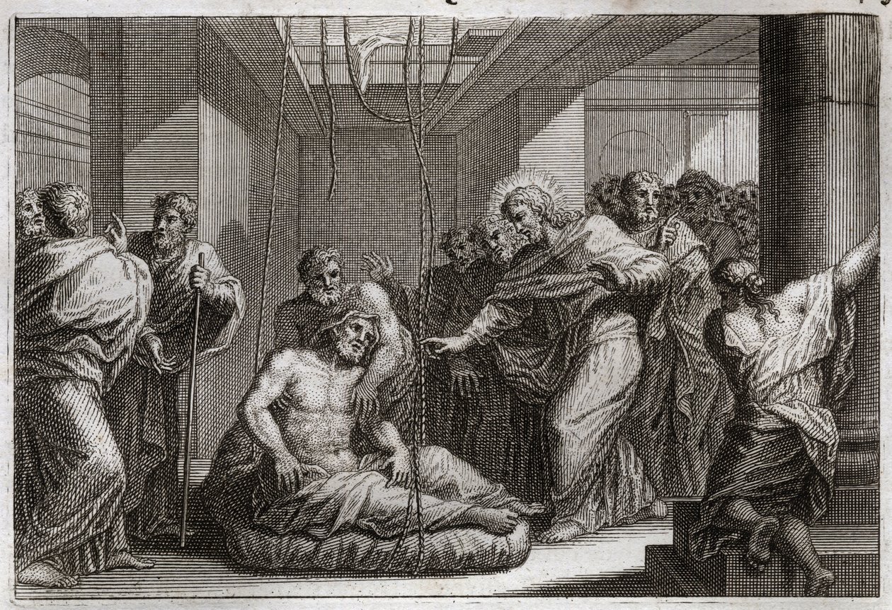 Royaumont Raamattu, Uusi testamentti: halvaantunut. Jeesus Kristus kutsui pyhän Matteuksen ja paransi halvaantuneen Kafarneumissa. Kuvitus vuodelta 1811. tekijältä Unknown artist