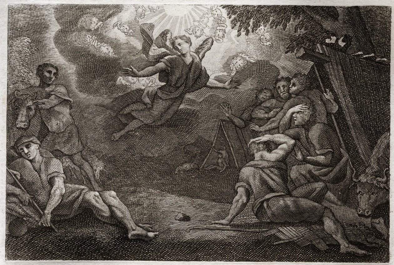 Royaumont Raamattu, Uusi testamentti: Pastorit päiväkodissa. Enkeli ilmoittaa paimenille Jeesuksen Kristuksen syntymästä (Ilmoitus paimenille). Kuvitus vuodelta 1811. tekijältä Unknown artist