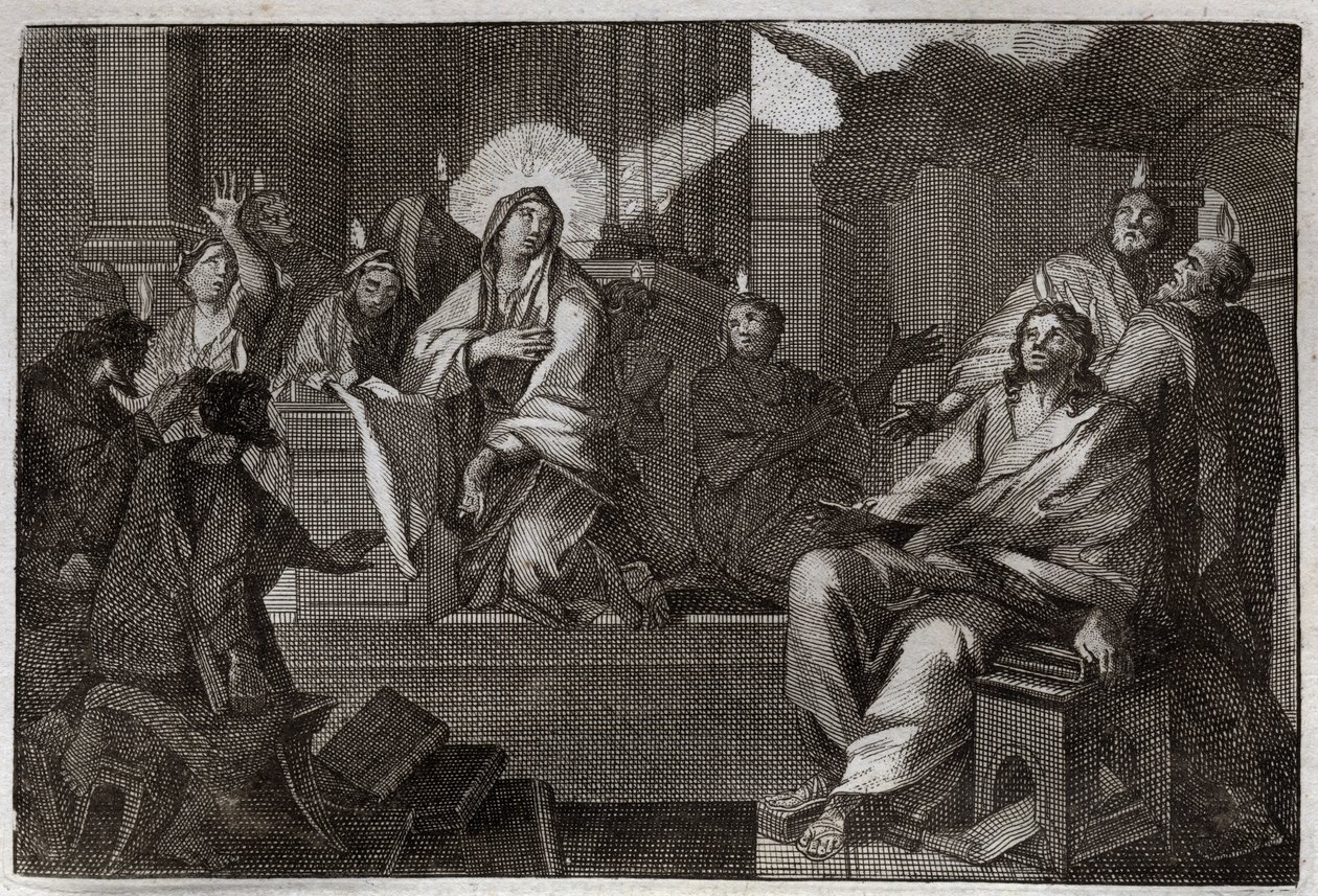 Royaumont Bible, Uusi testamentti: Helluntai. Pyhä Henki laskeutuu Neitsyt Marian ja Apotersin päälle. Kuvitus vuodelta 1811. tekijältä Unknown artist