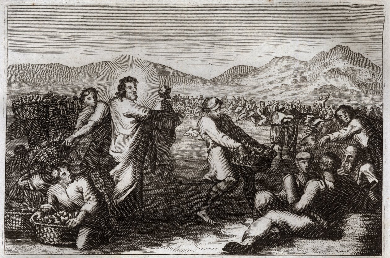 Royaumont Raamattu, Uusi testamentti: Leipien levittäminen. Jeesus Kristus lisää viisi leipää ja ruokkii viisituhatta miestä. Kuvitus vuodelta 1811. tekijältä Unknown artist