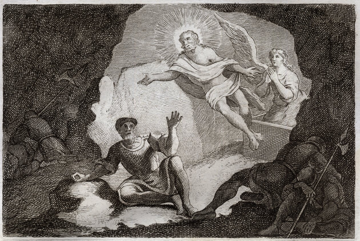 Royaumont Raamattu, Uusi testamentti: Ylösnousemus. Jeesus Kristus nousee haudastaan nukahtaneiden roomalaisten sotilaiden kunnioituksen alla. Kuvitus vuodelta 1811 (kaiverrus) tekijältä Unknown artist