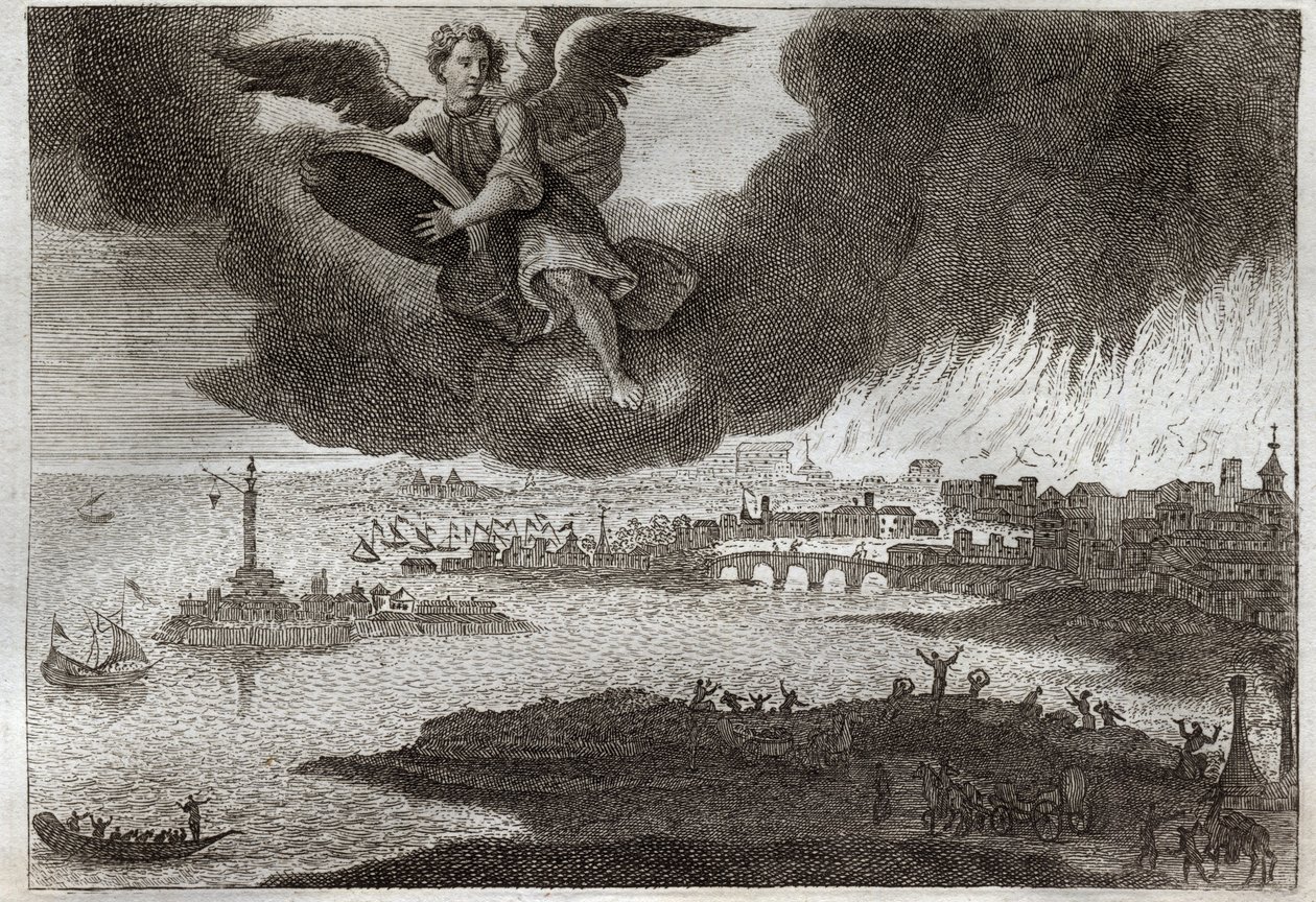 Royaumont Bible, Uusi testamentti: Babylonin raunio. Tulessa oleva Babylon, enkeli heittää kiven mereen, mikä symboloi tämän kaupungin tuhoa Ilmestyskirjan aikana. Kuvitus vuodelta 1811. tekijältä Unknown artist