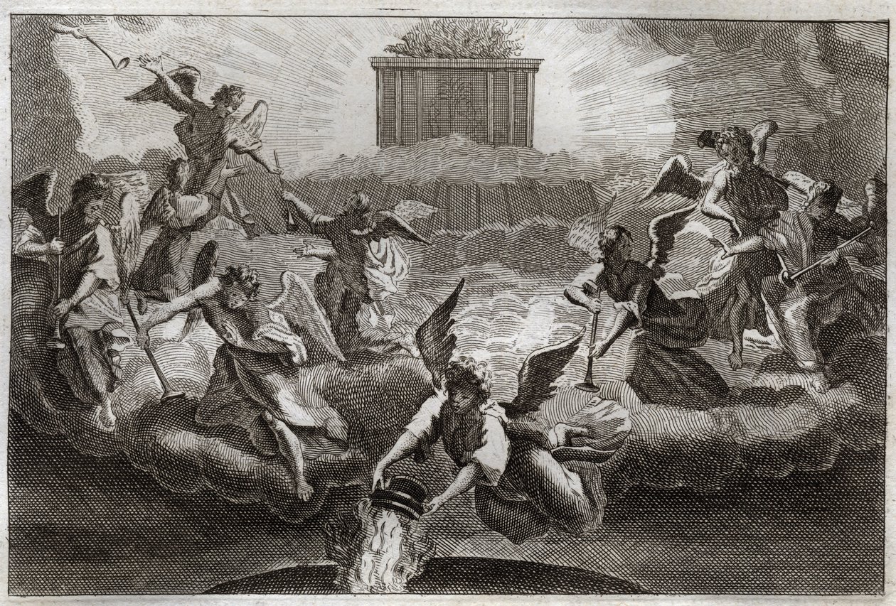 Royaumont Bible, Uusi testamentti: Seitsemän enkeliä soittamassa Ilmestyskirjan trumpetteja sen jälkeen, kun Karitsa avasi kirjan seitsemännen sinetin. Toinen enkeli ottaa suitsutusastian, täyttää sen alttarin tulella ja heittää sen maahan. Kuva osoitteest tekijältä Unknown artist