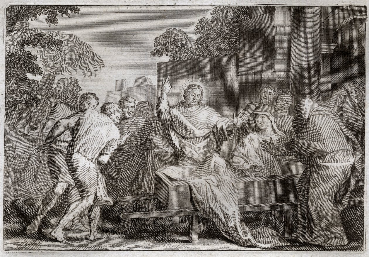 Royaumont Raamattu, Uusi testamentti: Naimin lesken poika. Jeesus Kristus herättää lesken pojan Naimin kaupungista. Kuvitus vuodelta 1811. tekijältä Unknown artist