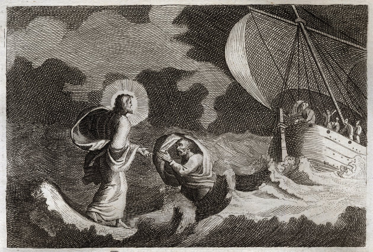 Royaumont Bible, Uusi testamentti: Pyhä Pietari kävelee veden päällä. Jeesus Kristus kävelee merellä ja saa pyhän Pietarin kävelemään siellä. Kuvitus vuodelta 1811. tekijältä Unknown artist
