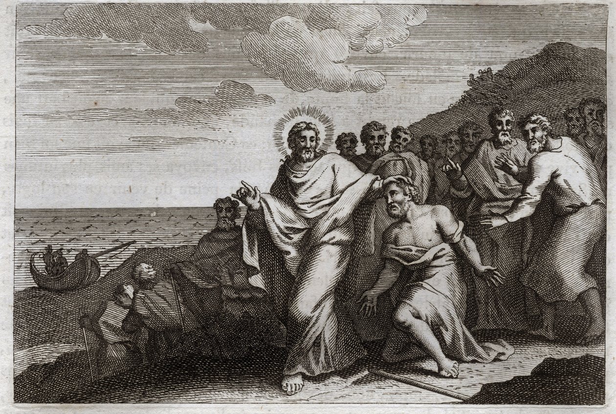 Royaumont Bible, Uusi testamentti: Lepreux ja Centenier. Spitaalinen rukoilee Jeesusta Kristusta parantamaan hänet spitaalistaan, ja sentteri lähettää hänet rukoilemaan sairaan palvelijansa parantamiseksi. Kuvitus vuodelta 1811. tekijältä Unknown artist