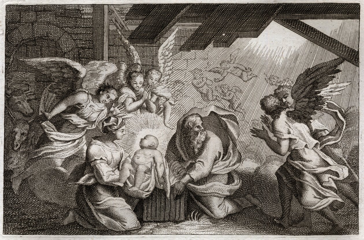 Royaumont Bible, Uusi testamentti: Syntymä. Jeesus Kristus syntyi siunatusta Neitsyt Mariasta tallissa Betlehemissä. Kuvitus vuodelta 1811. tekijältä Unknown artist
