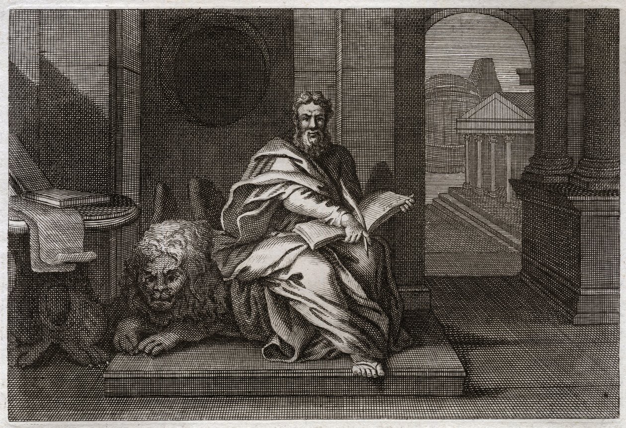 Royaumont Raamattu, Uusi testamentti: Evankelista Pyhä Markus leijonan kanssa. Kuvitus vuodelta 1811. tekijältä Unknown artist