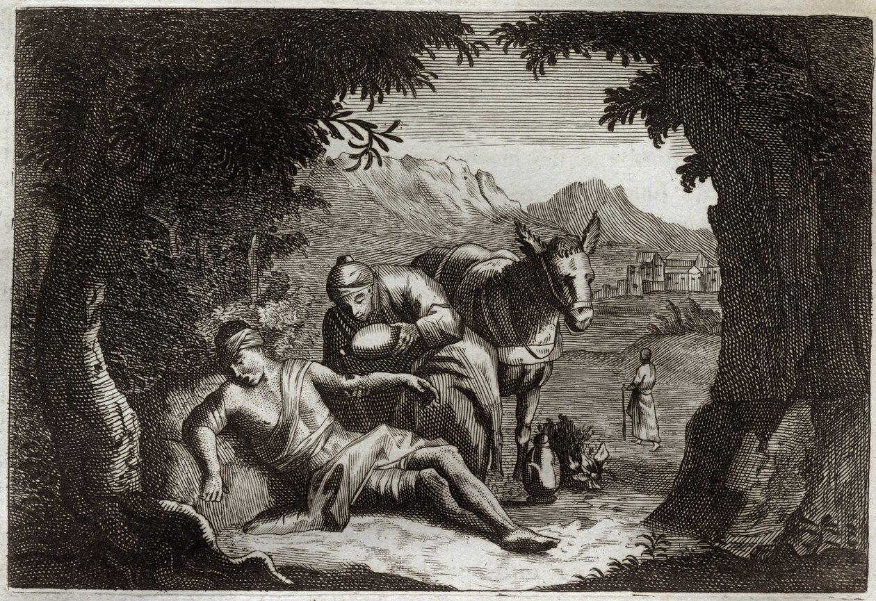 Royaumont Raamattu, Uusi testamentti: Vertaus laupiaasta samarialaisesta. Samarialainen pysähtyi matkallaan pelastamaan hädässä olevaa miestä. Kuvitus vuodelta 1811. tekijältä Unknown artist