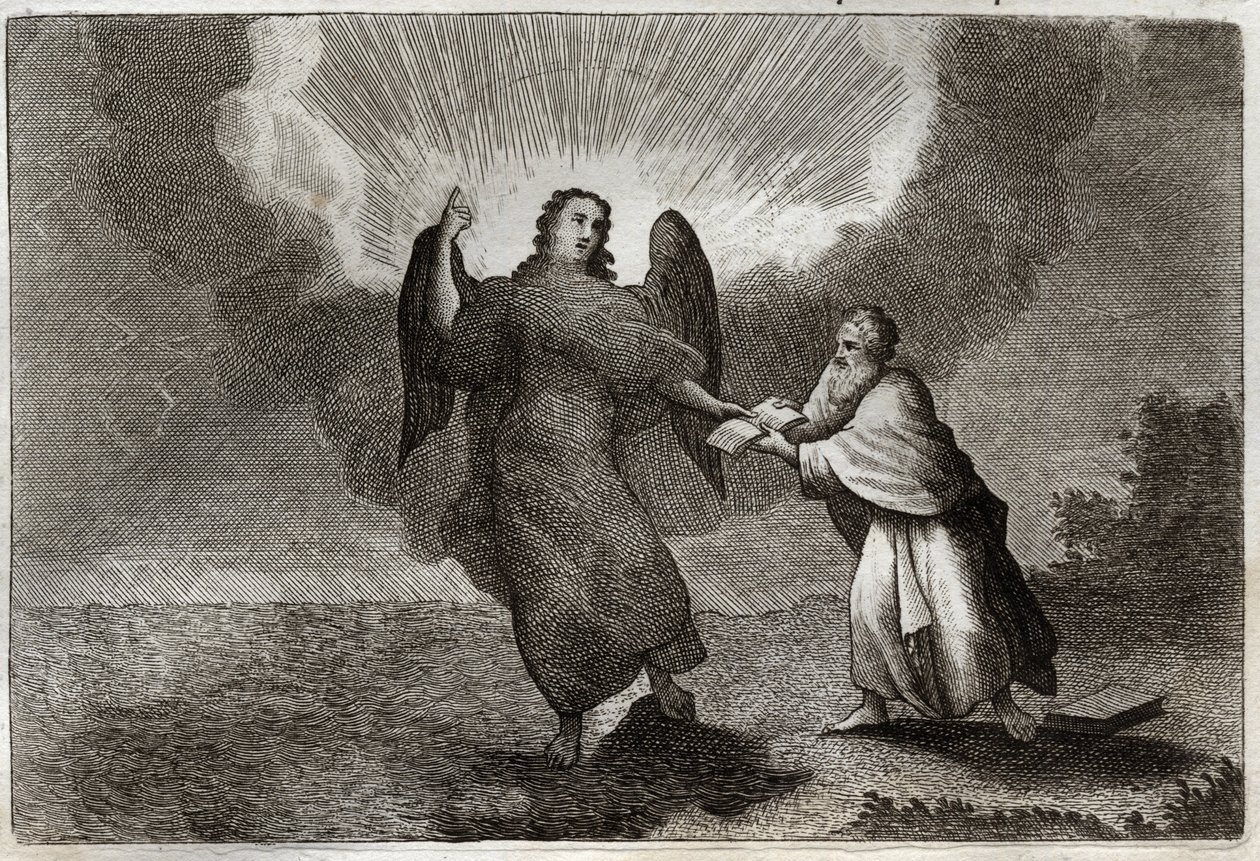Royaumont Raamattu, Uusi testamentti: Pyhän Johanneksen näky. Näky enkelistä avoimen kirjan kanssa antaa Pyhän Johanneksen niellä hänet. Kuvitus vuodelta 1811. tekijältä Unknown artist
