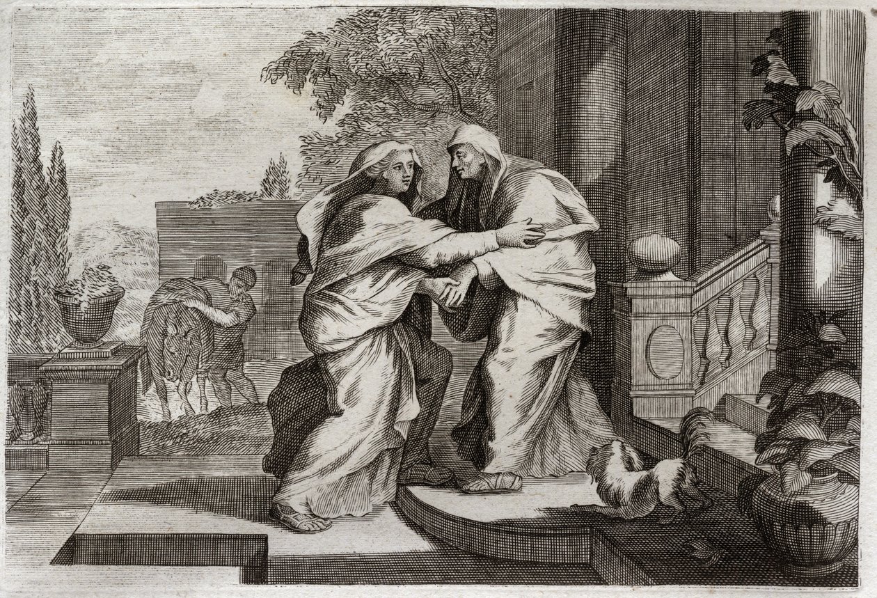 Royaumont Raamattu, Uusi testamentti: Vierailu. Siunattu Neitsyt Maria vierailee serkkunsa Elisabethin luona. Kuvitus vuodelta 1811. tekijältä Unknown artist