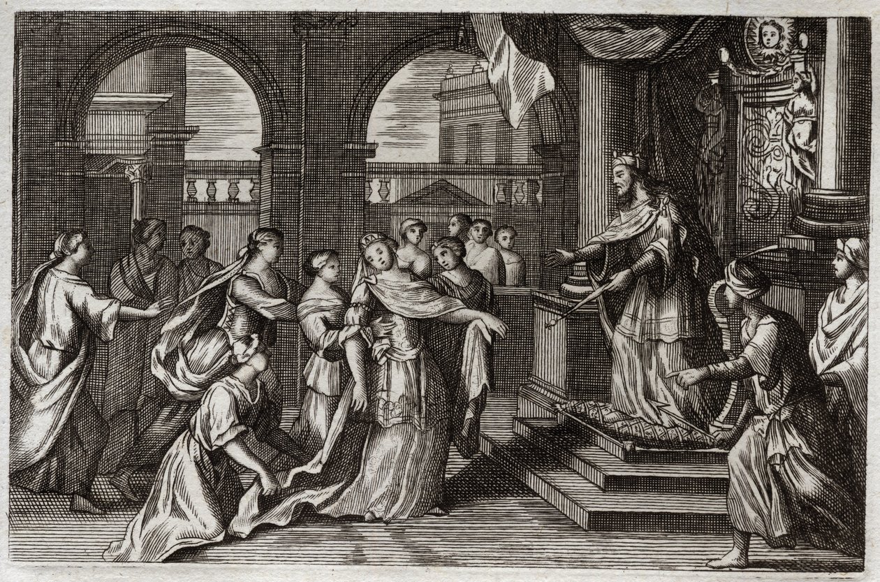 Royaumontin Raamattu, Vanha testamentti: Ester esittelee itsensä kuningas Xerxes I:n (Assuerus I) eteen tarkoituksenaan pelastaa kansansa häntä uhkaavalta kuolemalta. Kuvitus vuodelta 1811. tekijältä Unknown artist